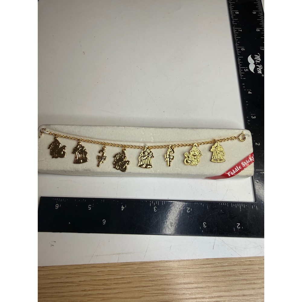 Fiddle Sticks Gold Tone Christmas Holiday Charm Bracelet Santa Bells Candy Cane